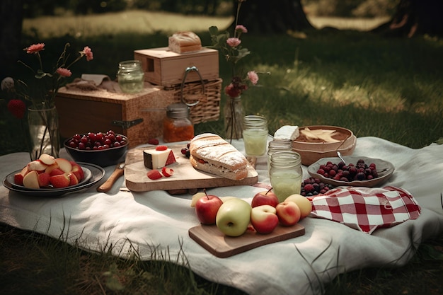 Cesta de piquenique com frutas e padaria em tecido no jardim gerado por IA