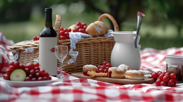 Cesta de piquenique com toranja e vinho na grama