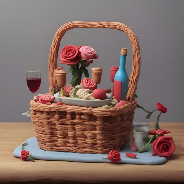 Foto cesta de piquenique de vime com comida e vinho na mesa de madeira renderização 3d