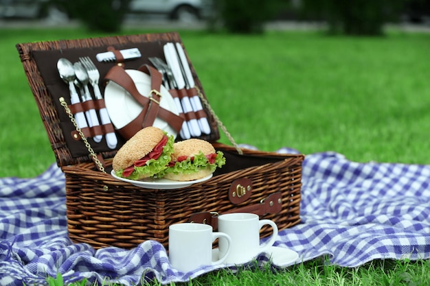 Cesta de piquenique de vime saborosos sanduíches xícaras de chá e xadrez na grama verde ao ar livre