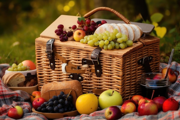 Cesta de piquenique transbordando com queijos de frutas e pão fresco