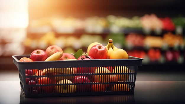 Cesta de supermercado cheia de frutas e legumes com espaço para texto