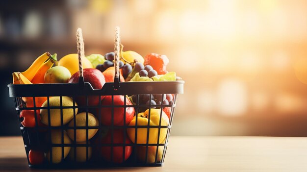 Cesta de supermercado cheia de frutas e legumes com espaço para texto