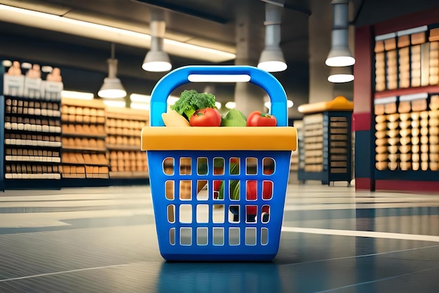 cesta de supermercado com ícone de localização em 3D realista render shopping conceito de mercado de compras