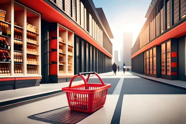 cesta de supermercado com ícone de localização em 3D realista render shopping conceito de mercado de compras