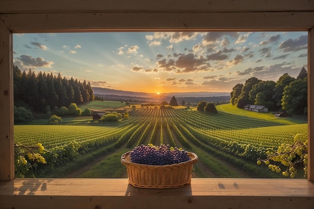 Cesta de uvas com vista para um campo ao pôr do sol