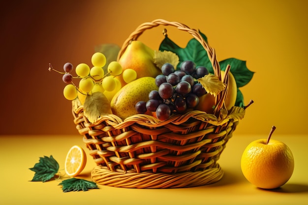 Cesta de vime cheia de frutas ao lado de laranja e uva Generative AI