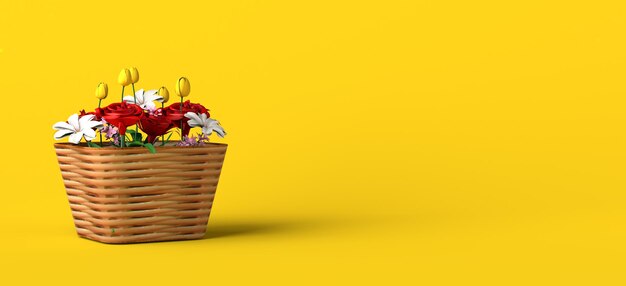 Foto cesta de vime com flores da primavera em fundo amarelo copie a ilustração 3d do espaço