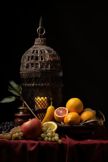 Foto cesta de vime com frutas e lanterna no balcão no estilo de fundo preto