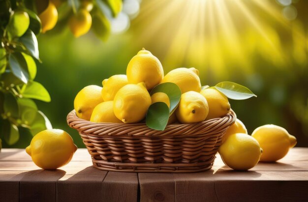 cesta de vime com limões em uma mesa de madeira limões frescos amarelos maduros nos galhos plantação de limão jardim de limão fundo dia ensolarado