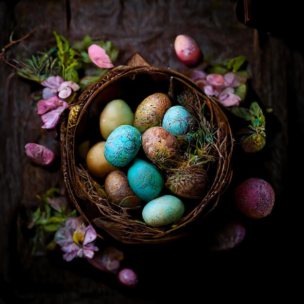 Cesta de vime com ovos de páscoa coloridos em um fundo de madeira