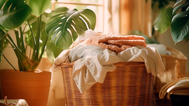 Foto cesta de vime para armazenar roupas para lavar no fundo da parede e plantas