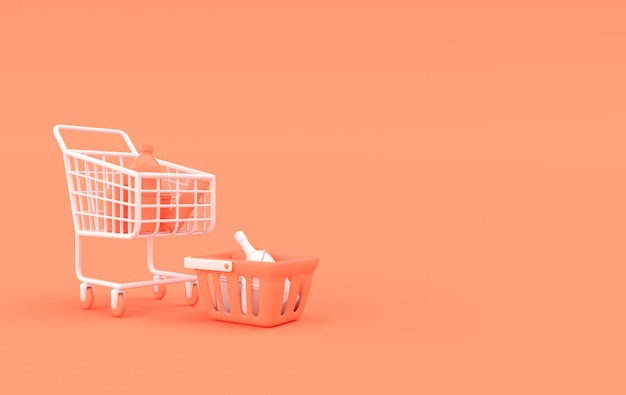 Cesta e carrinho de compras com renderização em 3d de compras. conceito de compras online