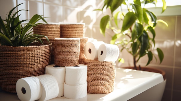 Foto cesta de elegancia organizada con rollos de papel higiénico de cerámica