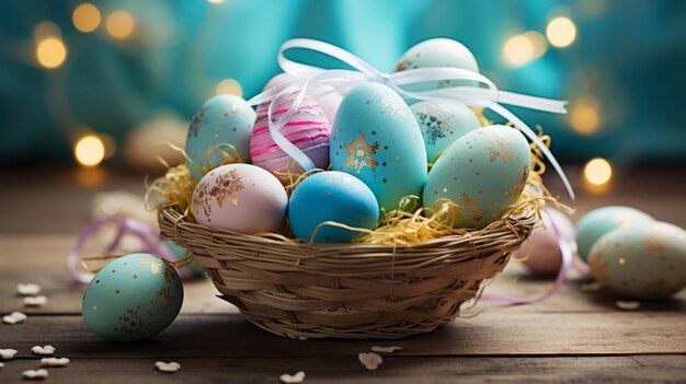 Cesta festiva de Pascua adornada con una cinta azul rodeada de huevos pastel en una mesa de madera vintage