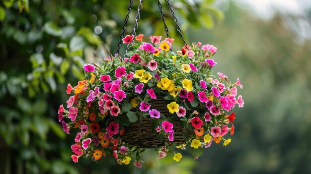 Una cesta de flores colgante vibrante en un jardín exuberante