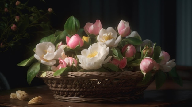 Una cesta de flores se sienta en una mesa.