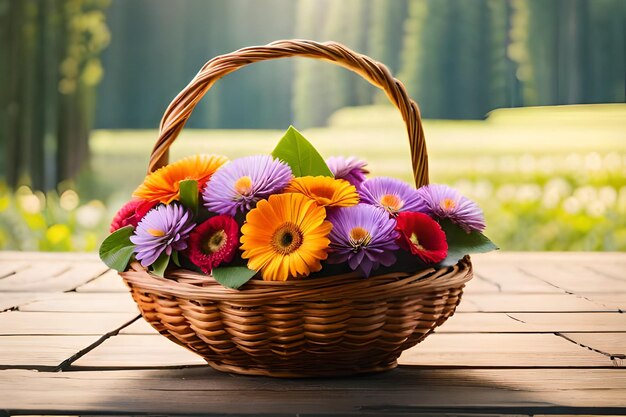 cesta de flores sobre una mesa de madera