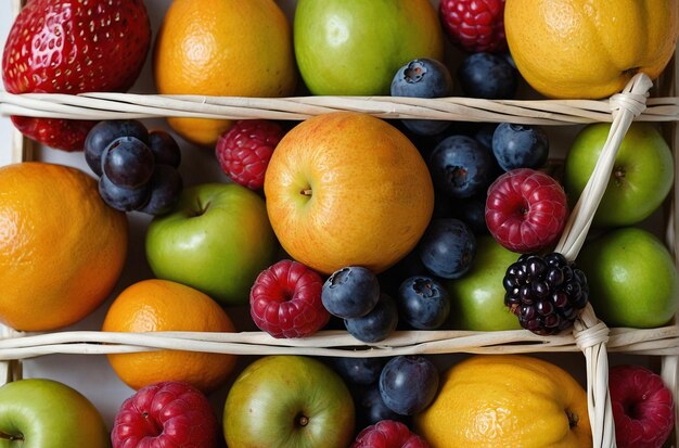 Cesta de fotos gratuita llena de una variedad de frutas sobre un fondo blanco