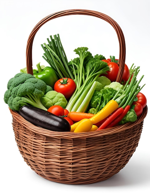 Cesta de fotos gratuita llena de verduras en una canasta aislada sobre un fondo blanco