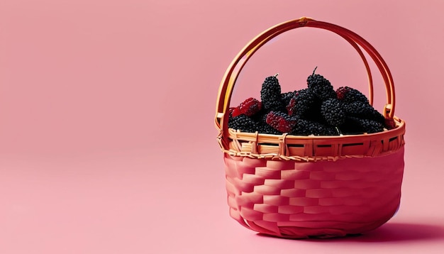 Una cesta de fresas se asienta sobre un fondo rosa.