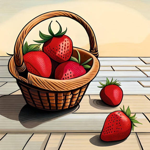 Una cesta de fresas está sentada sobre un suelo de madera.