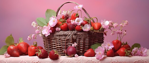 Cesta de fresas y flores sobre un fondo rosado