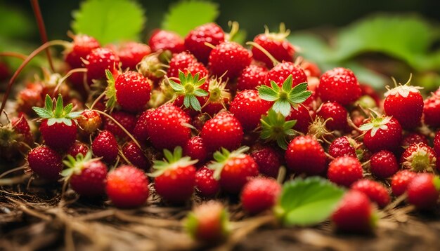 Foto una cesta de fresas con hojas y una cesta de paja con una hoja verde