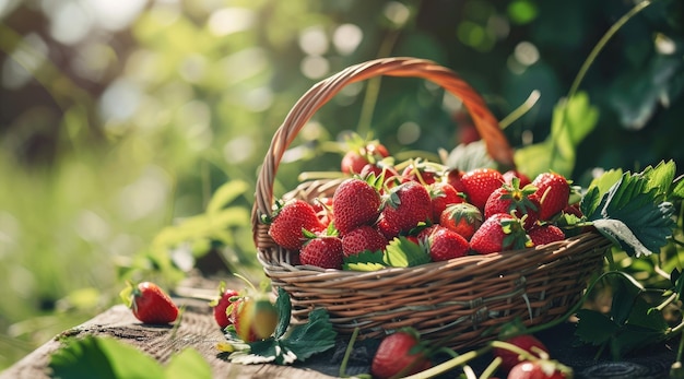 Cesta de fresas maduras en un día soleado