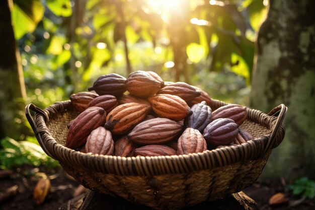 Cesta con frijoles de cacao