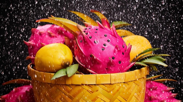 Cesta de fruta del dragón bajo la lluvia Un bodegón colorido con Saba