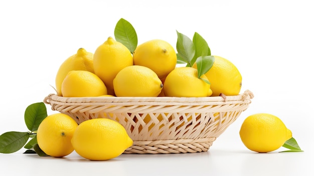 Una cesta de fruta de limones frescos sobre un fondo blanco.