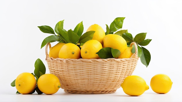 Una cesta de fruta de limones frescos sobre un fondo blanco.