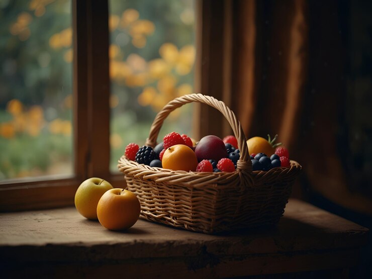 Cesta de frutas colocada junto a la ventana