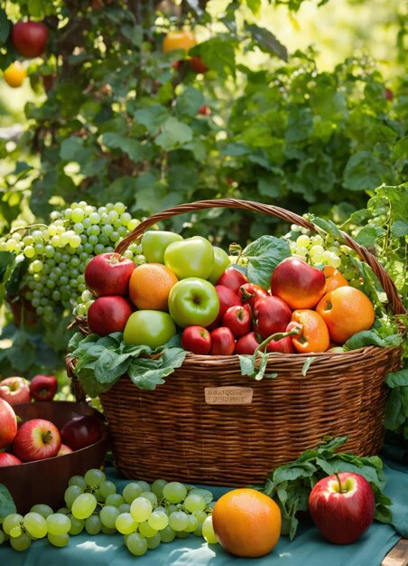 Cesta con frutas frescas en el jardín sobre un bonito fondo verde