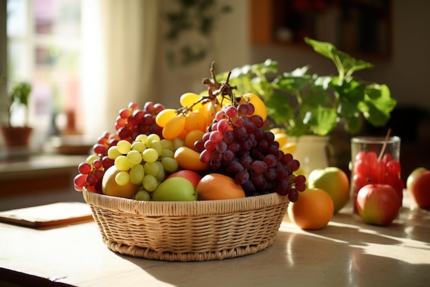 Cesta de frutas frescas de Juicy Delights que adorna la mesa de la cocina