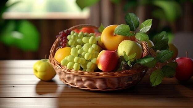 Cesta y frutas frescas en mesa de madera Generativo Ai