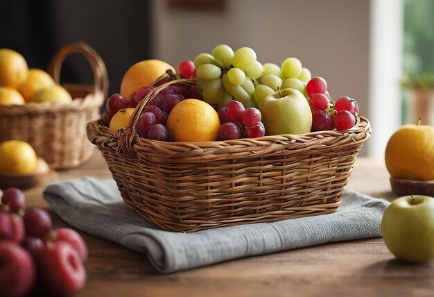 Foto cesta y frutas frescas en una mesa de madera