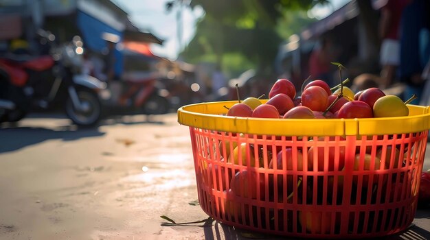 Cesta de frutas frescas en la playa enfoque selectivo tono vintage