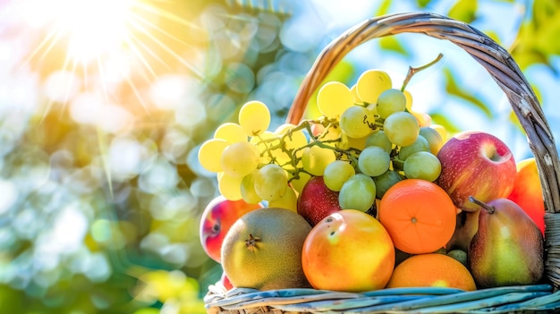 Cesta de frutas frescas de verano a la luz del sol