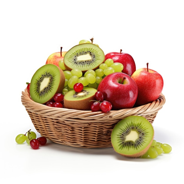 Cesta de frutas con kiwis y granadas aisladas IA generativa