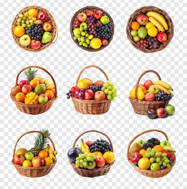 Foto cesta con frutas mixtas manzanas mangos piñas naranjas sencillas en fondo transparente psd