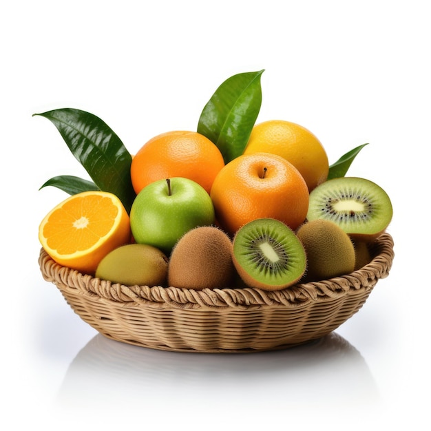 Cesta de frutas con naranjas y kiwis aislados IA generativa