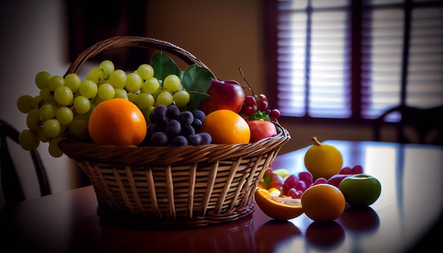 Cesta de frutas sobre la mesa, arte fotorrealista.