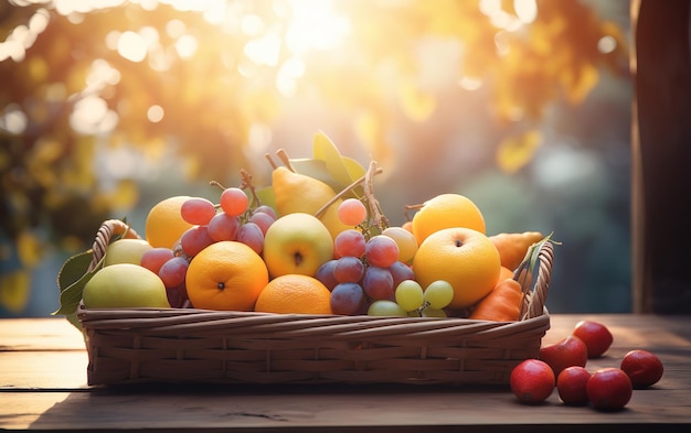 cesta de frutas sobre una mesa de madera sobre fondo de jardín de frutas borrosas bajo el sol