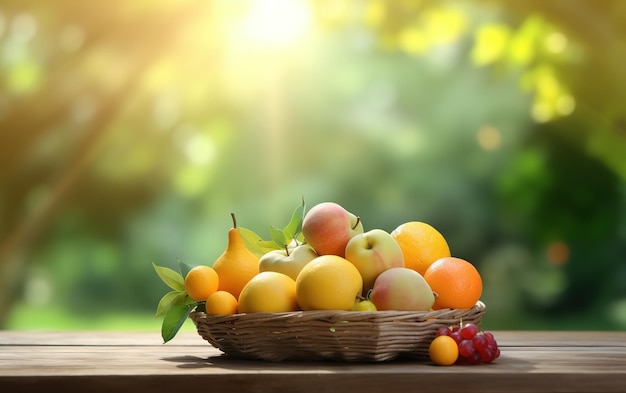 cesta de frutas sobre una mesa de madera sobre fondo de jardín de frutas borrosas bajo el sol