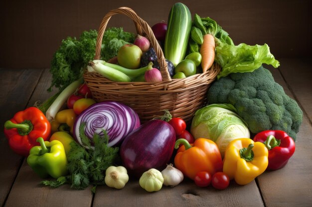 Cesta de frutas y verduras coloridas listas para cocinar o exprimir creadas con IA generativa