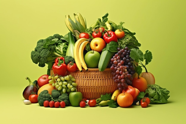 Una cesta de frutas y verduras de fondo verde.