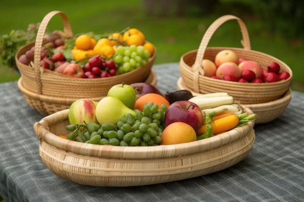 Cesta de frutas y verduras para picnic o reunión creada con ai generativo