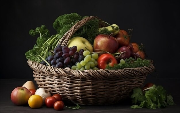 Una cesta de frutas y verduras sobre una mesa